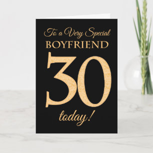 30th Gold-effect on Black for Boyfriend Birthday Card