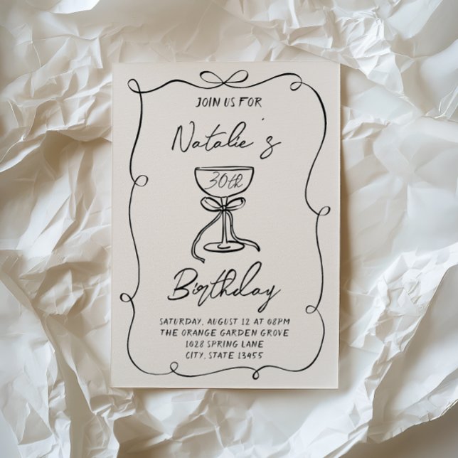 30th Hand Drawn Black & White Bow Martini Birthday Invitation (Creator Uploaded)