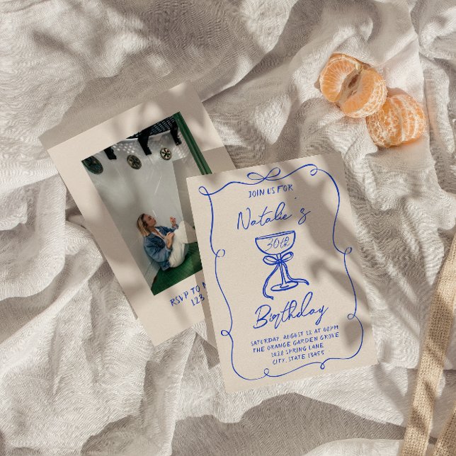 30th Hand Drawn Blue Bow Martini Photo Birthday Invitation (Creator Uploaded)