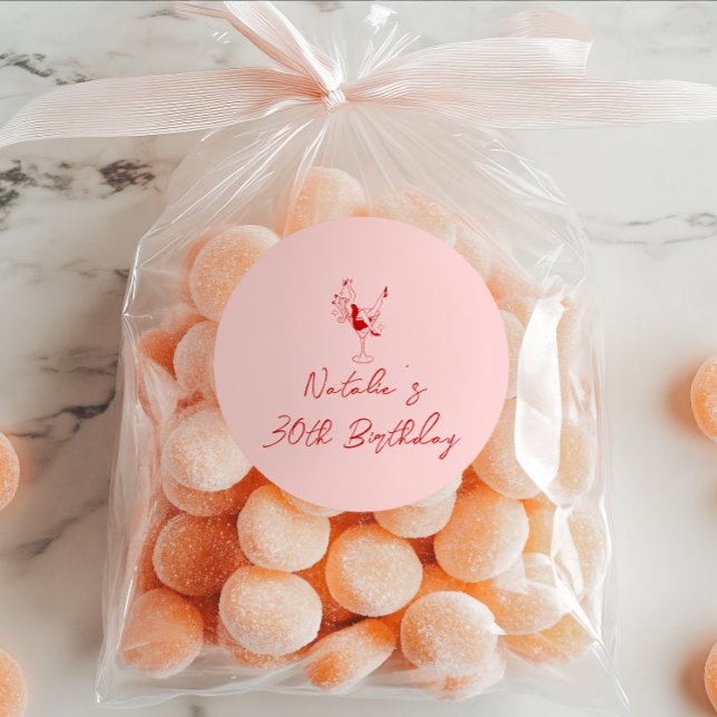 30th Hand Drawn Pink Cocktail Girl Birthday Party Classic Round Sticker (Creator Uploaded)
