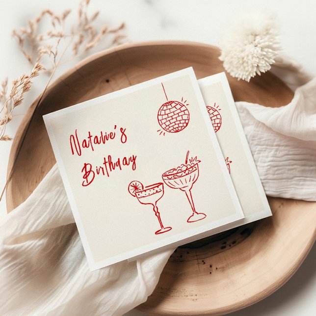 30th Hand Drawn Pink Red Milestone Thirty Birthday Napkin (Creator Uploaded)