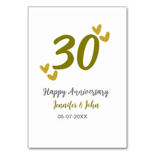 30th happy anniversary golden grey wedding couple  table number