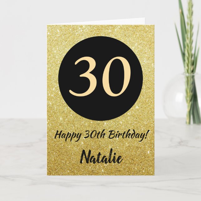 30th Happy Birthday Black and Gold Glitter Card (Front)