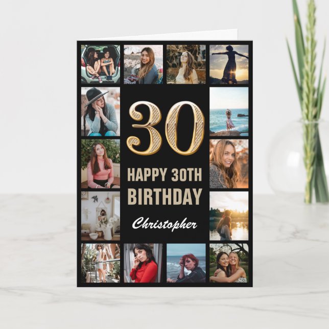 30th Happy Birthday Black and Gold Photo Collage Card (Front)