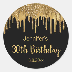 30th happy birthday black gold dripping glitters classic round sticker