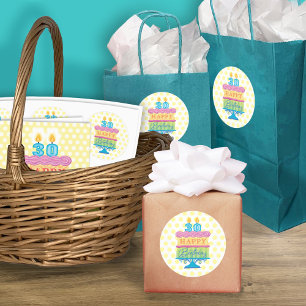 30th Happy Birthday Cake Yellow Dots Classic Round Sticker