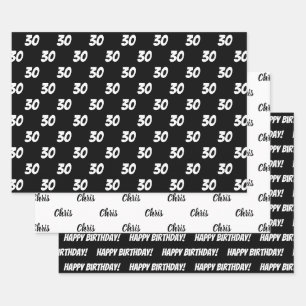 30th Happy Birthday Custom Name Black White Wrapping Paper Sheet