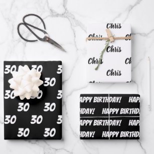 30th Happy Birthday Custom Name Black White Wrapping Paper Sheet