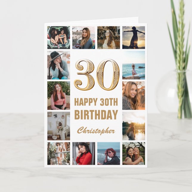 30th Happy Birthday Gold and White Photo Collage Card (Front)