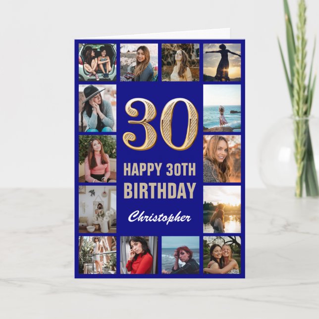 30th Happy Birthday Navy Blue & Gold Photo Collage Card (Front)