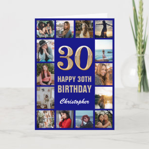 30th Happy Birthday Navy Blue & Gold Photo Collage Card
