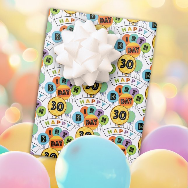 30th Happy Birthday Typography Balloons  Wrapping Paper Sheet (Creator Uploaded)