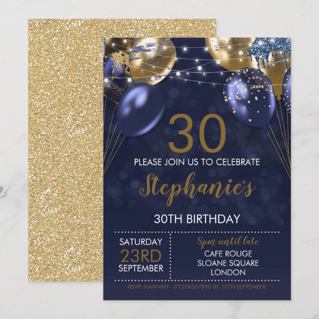 30th Invite Navy Gold Invitation (Front/Back)