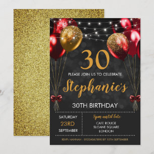 30th Invite Red Black Gold birthday Invitation