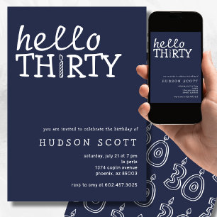 30th Mens Birthday Party Hello Thirty Navy Blue Invitation