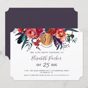 30th Modern boho floral watercolor birthday party Invitation