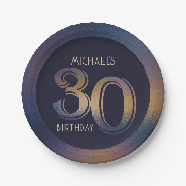 30th modern dark purple and gold birthday paper plate (Front)