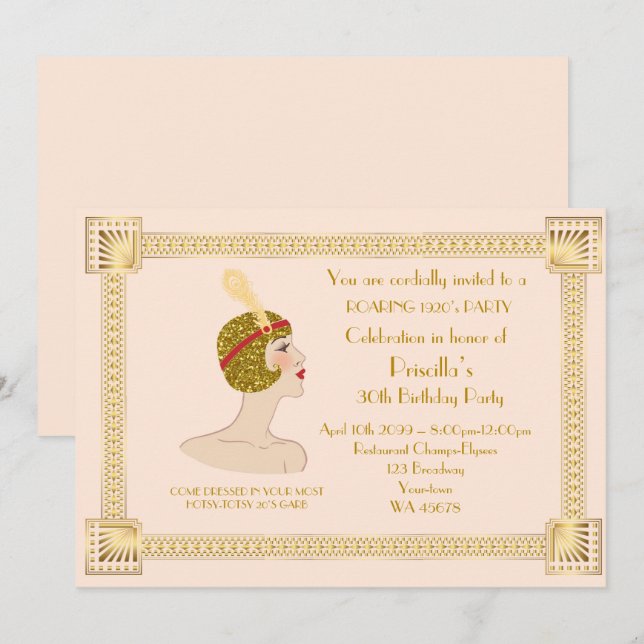 30th or any,Birthday Party woman,Gatsby,gold pink Invitation (Front/Back)