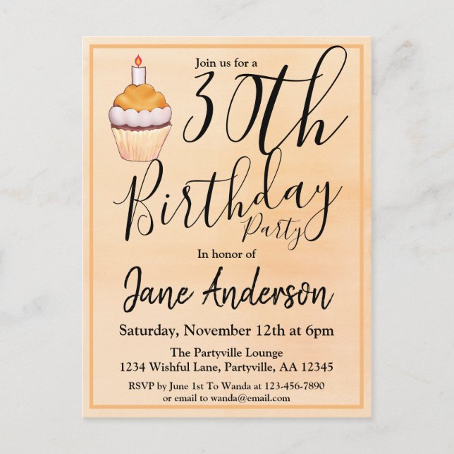 30th Orange Cupcake Birthday Invitation Postcard (Front)