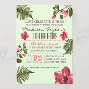 30th Party Exotic Hibiscus & Tropical Palm Leaves Invitation