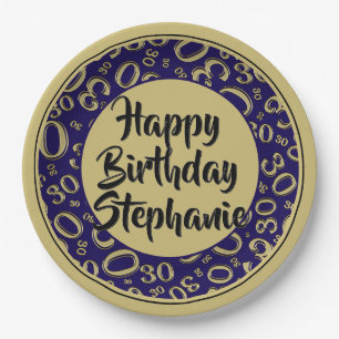 30th Party Random Number Pattern Black/Gold Paper Plate