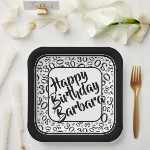 30th Party Random Number Pattern Black/white Paper Plate