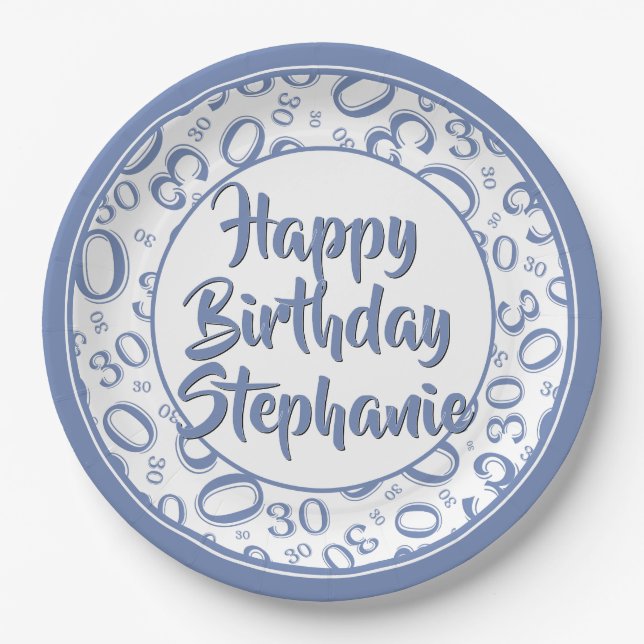 30th Party Random Number Pattern Blue/White Paper Plate (Front)