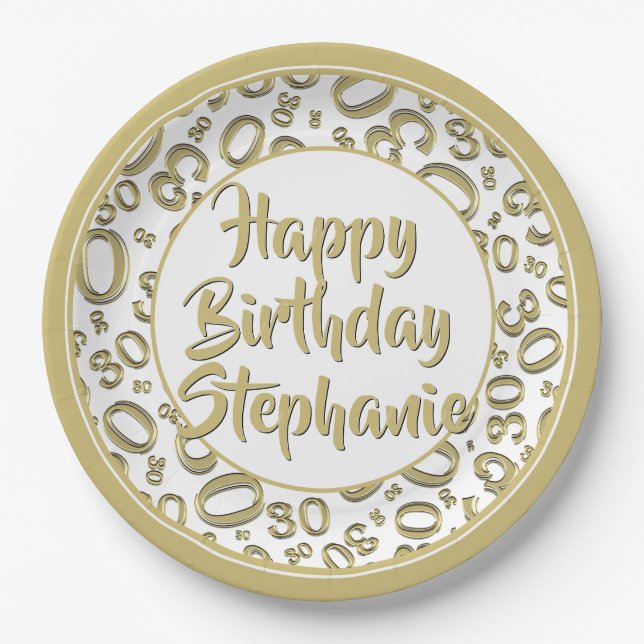 30th Party Random Number Pattern Gold/White Paper Plate (Front)