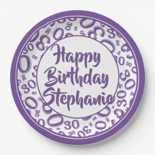 30th Party Random Number Pattern Purple/White Paper Plate