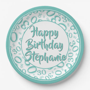 30th Party Random Number Pattern Teal/White Paper Plate
