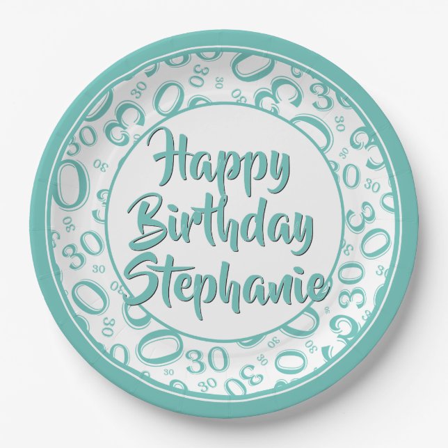 30th Party Random Number Pattern Teal/White Paper Plate (Front)