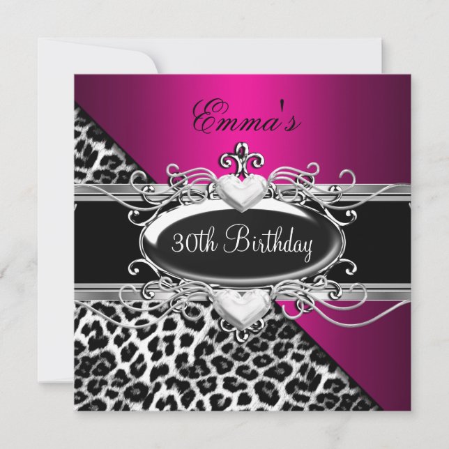 30th Party Silver Pink Black White Leopard Invitation (Front)
