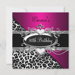 30th Party Silver Pink Black White Leopard Invitation