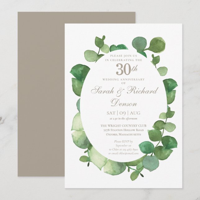 30th Pearl Anniversary Eucalyptus Boho Greenery Invitation (Front/Back)