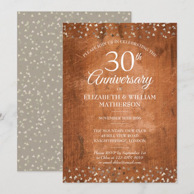 30th Pearl Anniversary Rustic Wood Hearts Confetti Invitation (Front/Back)
