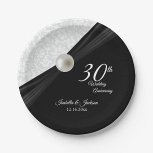 30th  Pearl & Black Wedding Anniversary Design Paper Plate
