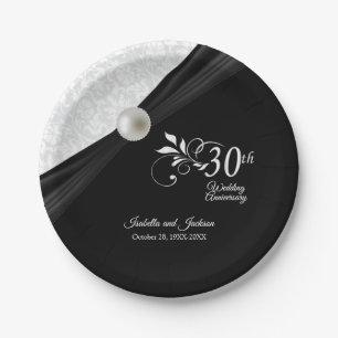 30th  Pearl & Black Wedding Anniversary Design Paper Plate