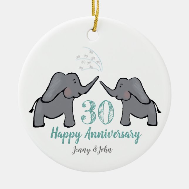 30th pearl elephant wedding anniversary ceramic tree decoration (Front)