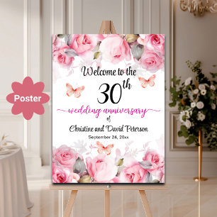 30th Pearl Wedding Anniversary Blush Rose Welcome Poster