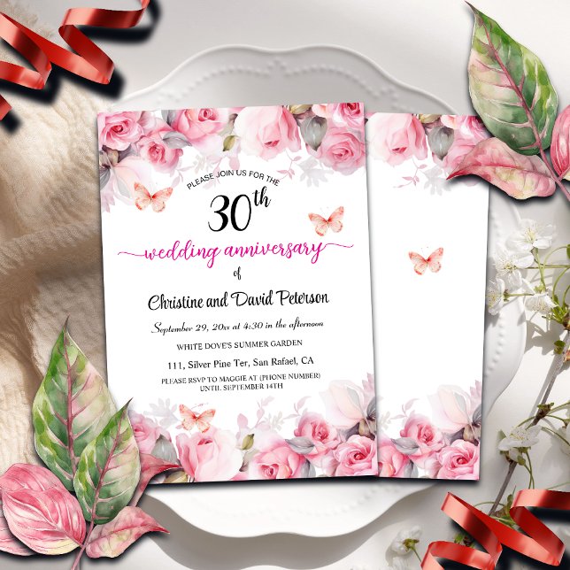 30th Pearl Wedding Anniversary Blush Roses Invitation (Creator Uploaded)