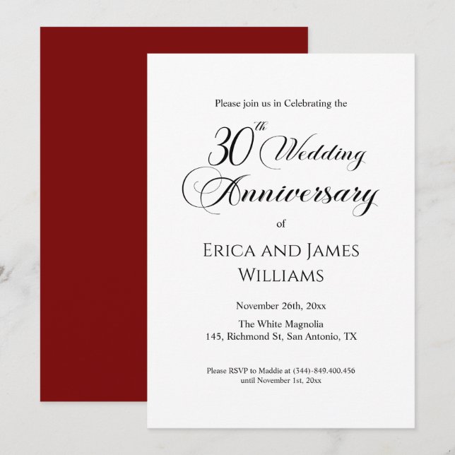 30th Pearl Wedding Anniversary Elegant Script Invitation (Front/Back)