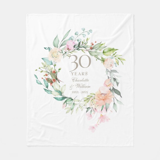 30th Pearl Wedding Anniversary Floral Garland Fleece Blanket (Front)