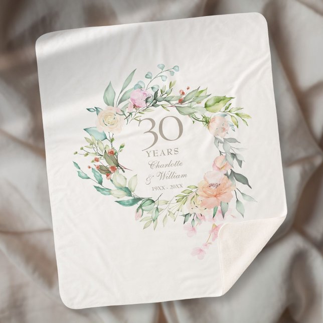 30th Pearl Wedding Anniversary Floral Garland Sherpa Blanket (Creator Uploaded)