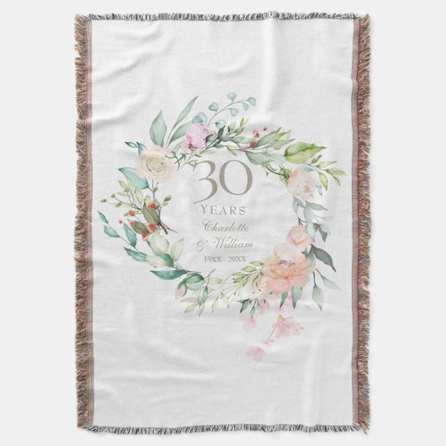 30th Pearl Wedding Anniversary Floral Garland Throw Blanket (Front Vertical)