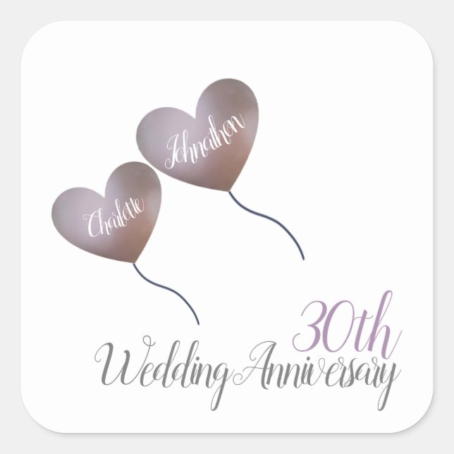 30th pearl wedding anniversary heart balloons square sticker (Front)