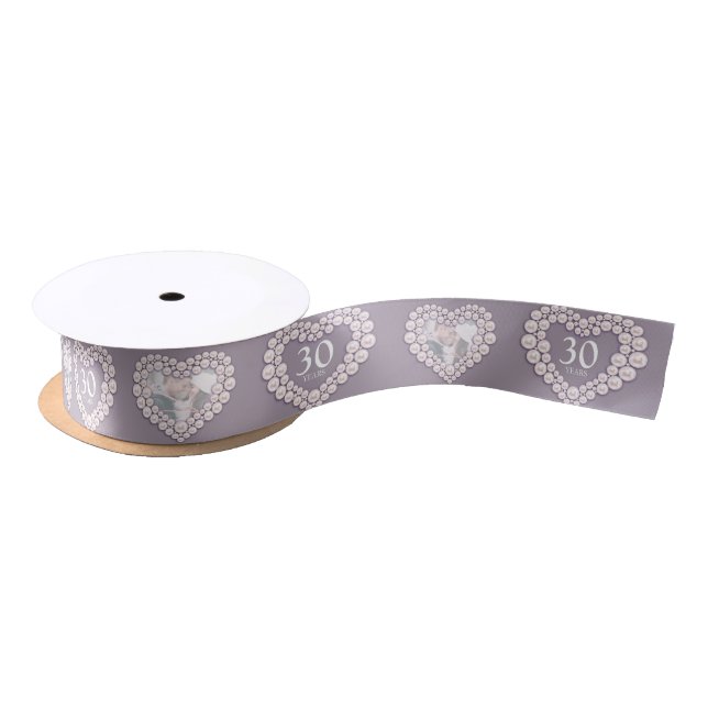 30th pearl wedding anniversary photo heart satin ribbon (Spool)