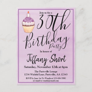 30th Purple Watercolor Cupcake Birthday Invitation Postcard