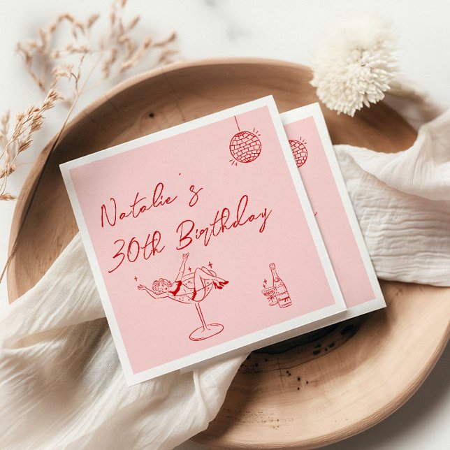 30th Retro Hand Drawn Pink Red Thirty Fun Birthday Napkin (Creator Uploaded)