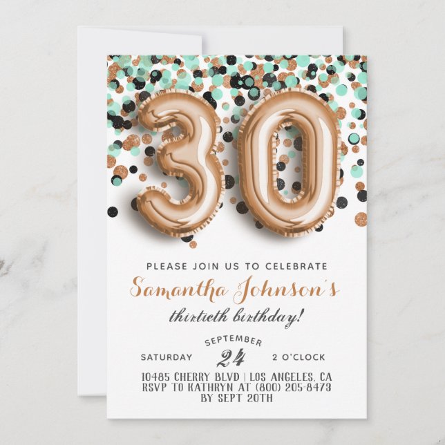 30th Rose Gold Mint Birthday Invitation (Front)