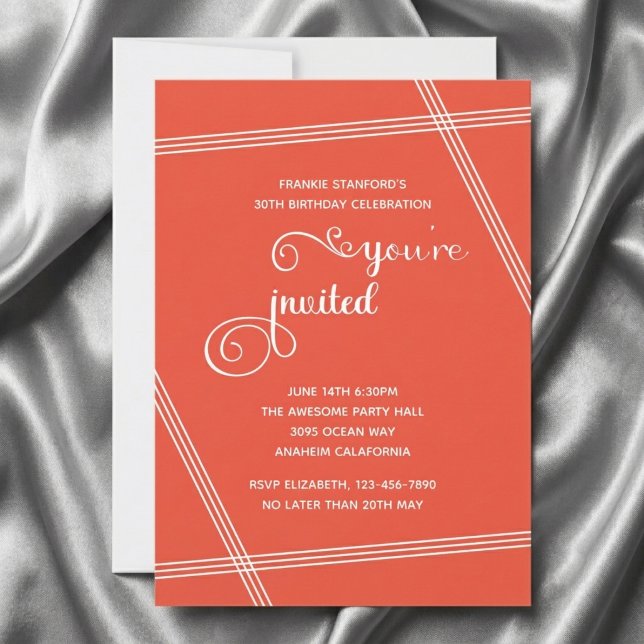 30th Simple Modern Elegant Birthday Party Invites (30th birthday invite in orange. Grey silk background.)
